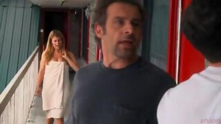 Linda Hamilton in towel on The Line S01E04