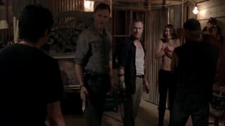 Lauren Cohan Topless but covering up on The Walking Dead s03e07