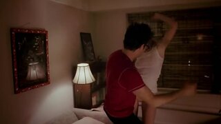 Kirsten Dunst slight see-through jumping in bed and Topless from behind in Eternal Sunshine
